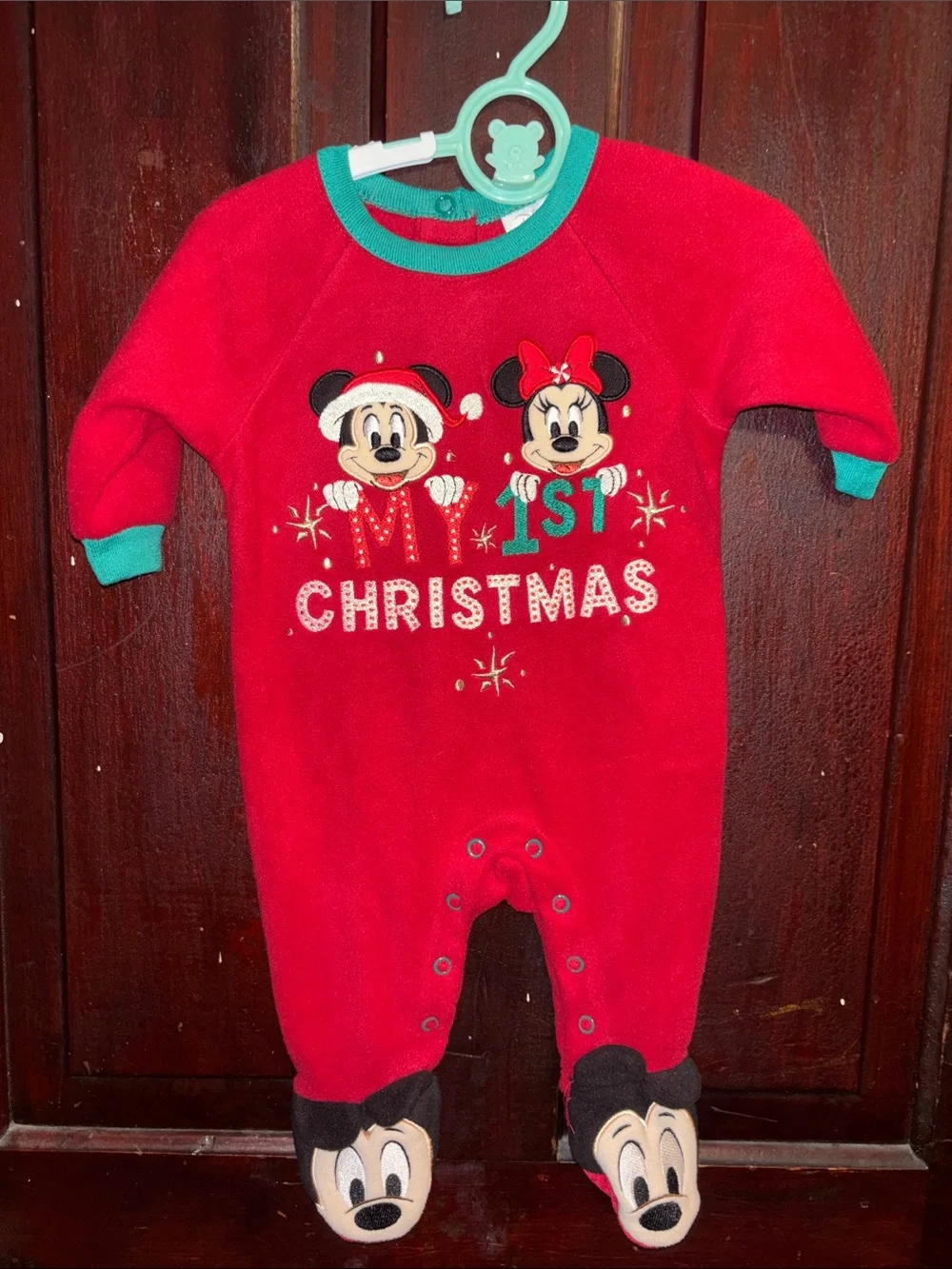 Disney Red '1st Christmas' Mickey & Minnie Footed One-Piece